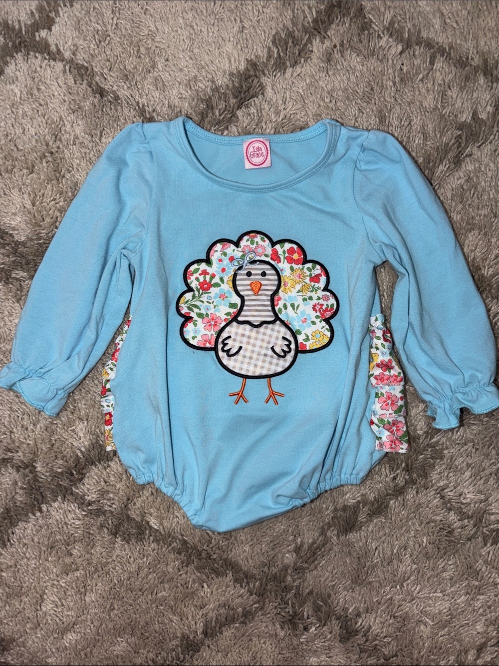 Light Blue Girls' Long-Sleeve Turkey Appliqué Bodysuit
